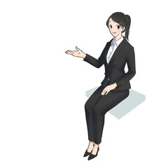 笑顔で案内をする椅子に座った女性のイラスト