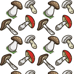 Color pattern, mushrooms.
A set of vector illustrations of edible and inedible mushrooms, hand-drawn lines. White background.