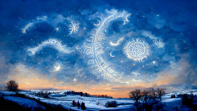 This image features a magical winter landscape with snow-covered trees and stars in the sky. It is used for astrological readings or divination related to the millenary astrology.