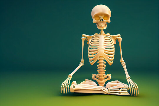 Skeleton sitting in the lotus position practicing meditation, relaxation or yoga with patience. Illustration 3d. Also illustrates waiting a very long time for something or an event until death.