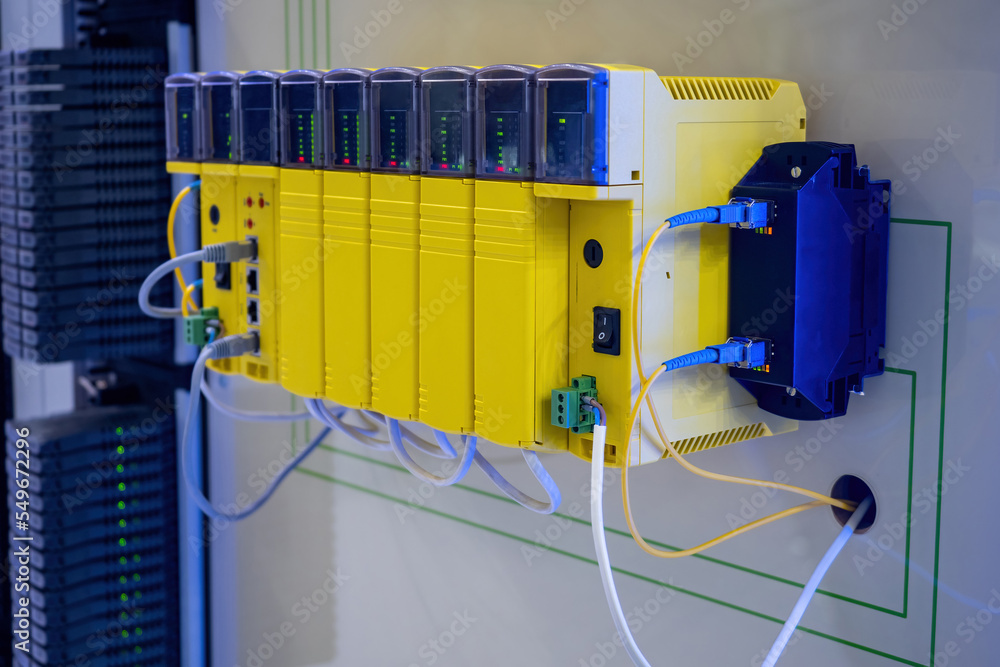 Aufkleber network hardware. communication modules with indicators. internet equipment is fixed on wall. equipm