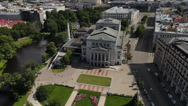 Drone footage of Latvian National Opera, beautiful architecture, landmark, 4k