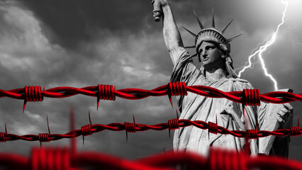 Statue of Liberty behind barbed wire. Arrest and restriction freedom concept. Statue of Liberty under sky with lightning. Metaphor political crisis in USA. Arrest citizens in United States. 3d image © Grispb