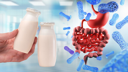 White bottles and cells probiotics. Probiotic yogurt for stomach. Microbiome for digestive system....