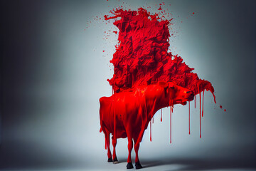 Silhouette of a bloody cow, with blood spatter. Creative visual to fight violence and killing of farm animals. Animal suffering is a fight for humanitarian and vegan causes.