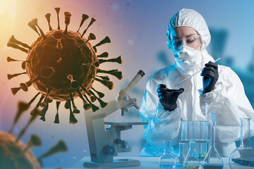 Doctor of Infectious Diseases. Scientist studies infection bacteria. Virus near doctor in chemical...