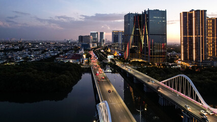Aerial view of Pantai Indah Kapuk Avenue Bridge Jakarta. a Largest bridge in Jakarta. With Jakarta...