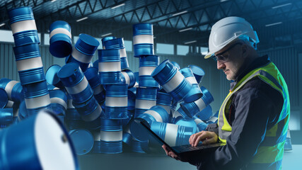 Man with laptop in warehouse. Falling barrels behind inspector. Concept of shortage during audit....