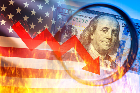 Red crisis graph. US flag is on fire. Dollar bill under magnifying glass. Crisis situation in US economy. Recession in US financial sector. Metaphor loss money by Americans due to crisis. 3d image