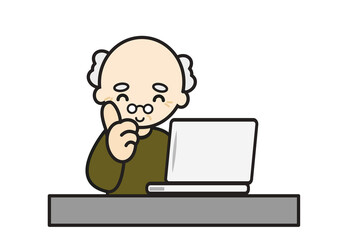 パソコンの前で笑顔のおじいさん