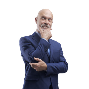 PNG file no background Corporate businessman thinking with hand on chin