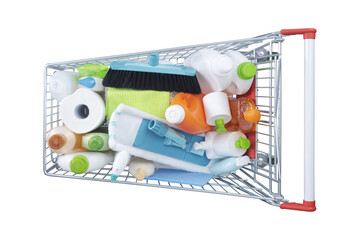 PNG file no background Shopping cart full of detergents and housekeeping equipment