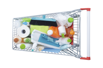 PNG file no background Shopping cart full of detergents and housekeeping equipment