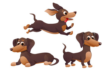 Set cute dachshund puppy, jumping, lying and standing and smiling in cartoon style, bright pet character isolated on white background.