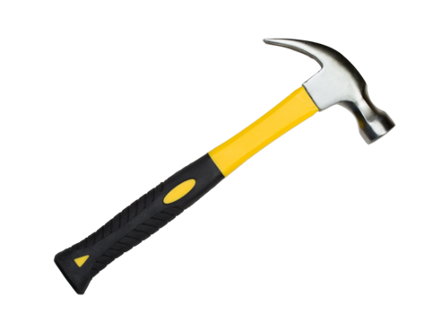 Hammer with yellow and black handle. PNG clipart isolated on transparent background