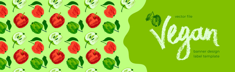 Vector fruit label template. Vegan fruit banner, ripe apple background. Drawings of green apples pattern seamless. Baby food packaging, juice tag design. Organic jam, confectionery package, cosmetics.