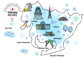 冬の愛知県の観光地のシンプル線画イラストマップ