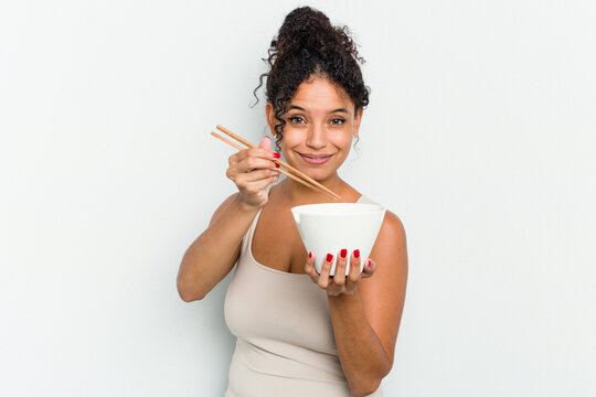 Young Cute Brazilian Woman Holding A Ramen Isolated