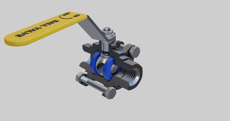 A cross-sectioned ball valve  with yellow lever