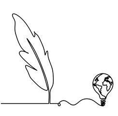 Silhouette of abstract feather with globe light bulb as line drawing on white. Vector