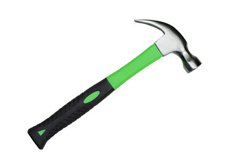 Hammer with green and black handle. PNG clipart isolated on transparent background