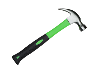 Hammer with green and black handle. PNG clipart isolated on transparent background