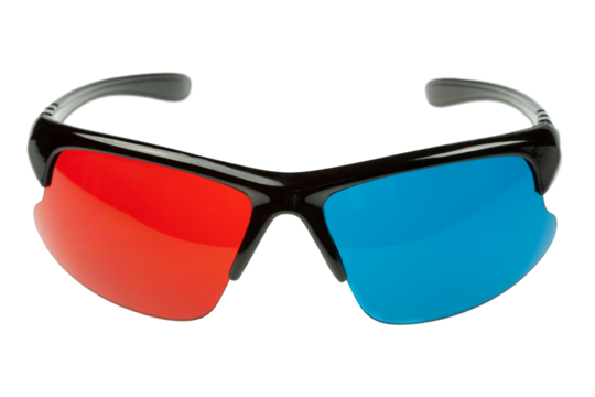 Stylish 3d anaglyph plastic glasses red and cyan. PNG clipart isolated on transparent background