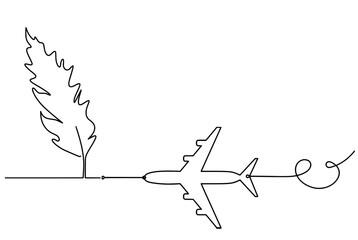 Silhouette of abstract feather with plane as line drawing on white. Vector