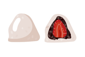 Strawberry Mochi. Strawberry daifuku with red bean paste rice cake. Traditional Japanese dessert. Flat Vector illustration with Healthy sweet snack. Daifuku is Japanese desserts