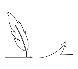 Silhouette of abstract feather with direction as line drawing on white. Vector