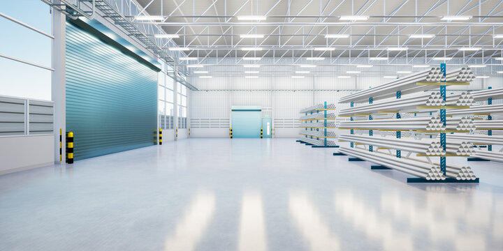 3d rendering of steel pipe product, row of shelf and concrete floor inside large warehouse building, factory or store for product display background of steel production industry and manufacturing. 