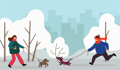 Walk Your Dog Month. People walk their dogs. flat style. vector illustration.
