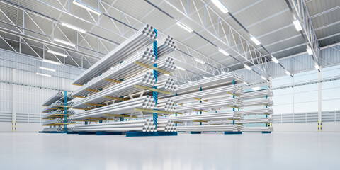 3d rendering of steel pipe product, row of shelf and concrete floor inside large warehouse...