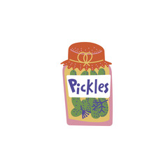 Jar of pickles illustration. Colorful flat clipart of home-made preserves with a label. Isolated on white background.