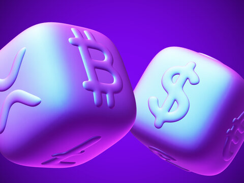 Pink 3D dices with cryptocurrency and fiat currency signs Bitcoin, Litecoin, XRP and Dollar. Concept of blockchain, fortune in crypto investing and stock exchange trading. Vector illustration, EPS 10