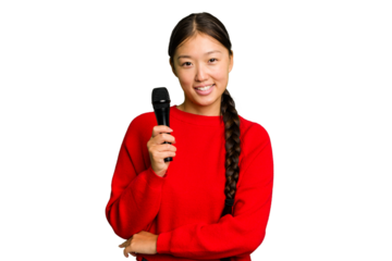 Young Chinese singer woman isolated laughing and having fun.