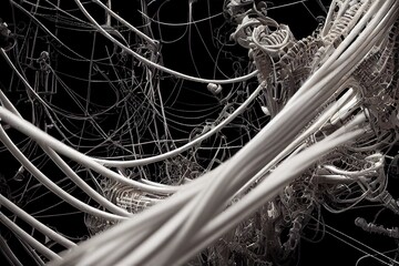 Dark dystopian sci-fi cable environment texture with mechanical objects and wires - obrazy, fototapety, plakaty