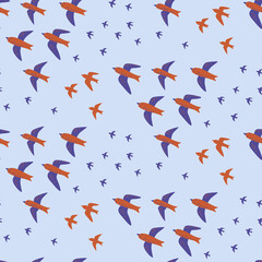 Bird migration seamless pattern. Simple repeat print with retro illustration of birds against blue sky