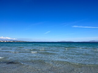 Fototapeta premium Blue seascape, azure sea surface, sea horizon background
