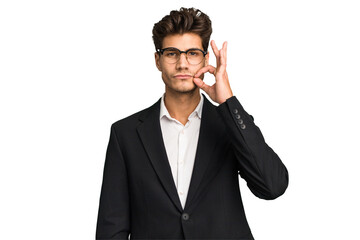 Young caucasian business man isolated with fingers on lips keeping a secret.