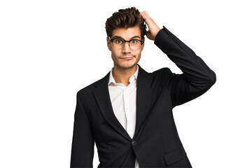 Young caucasian business man isolated being shocked, she has remembered important meeting.