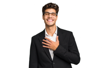 Young caucasian business man isolated laughs out loudly keeping hand on chest.