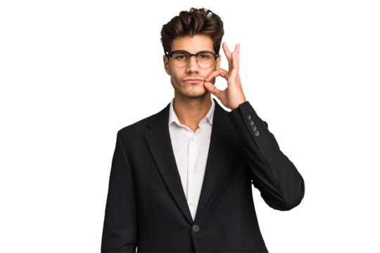 Young caucasian business man isolated with fingers on lips keeping a secret.