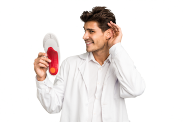 Young caucasian chiropodist man isolated trying to listening a gossip.