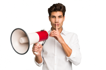 Young caucasian man holding megaphone isolated keeping a secret or asking for silence.