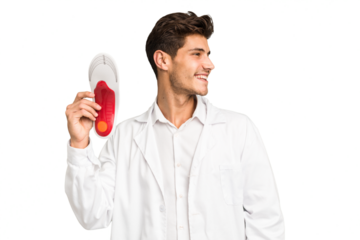 Young caucasian chiropodist man isolated looks aside smiling, cheerful and pleasant.