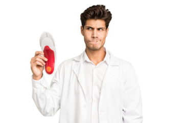 Young caucasian chiropodist man isolated confused, feels doubtful and unsure.