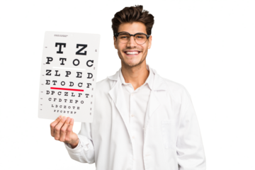 Young caucasian oculist man isolated happy, smiling and cheerful.