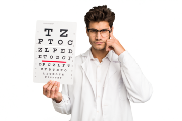 Young caucasian oculist man isolated pointing temple with finger, thinking, focused on a task.