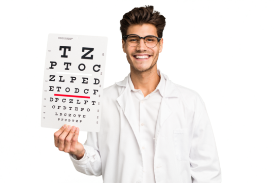 Young caucasian oculist man isolated happy, smiling and cheerful.